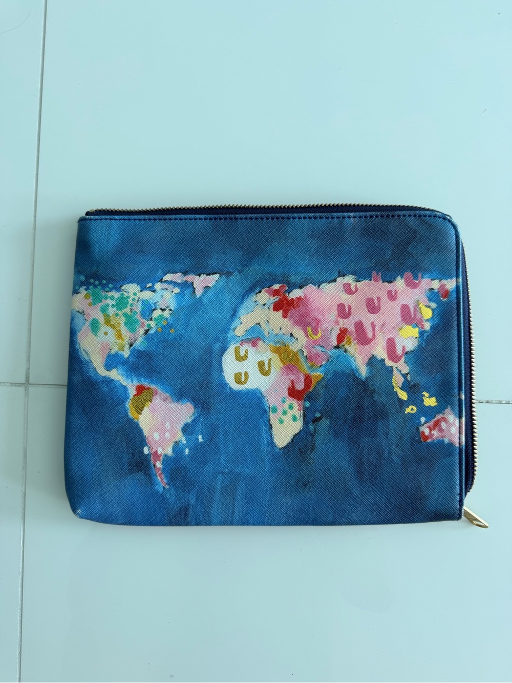 Anthropologie Blue World Map Zip Pouch with Multicolor Print